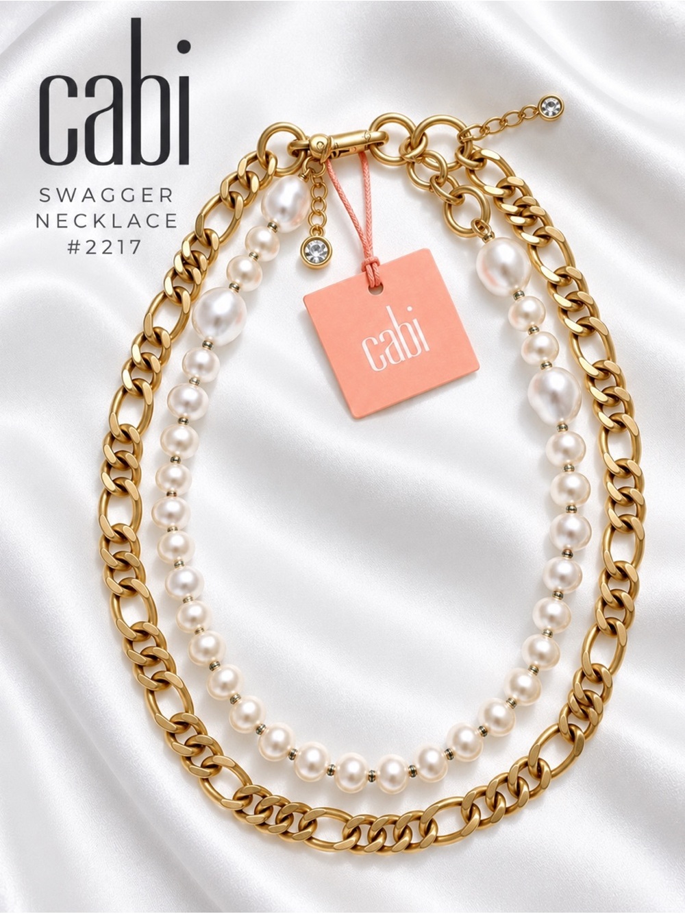 CAbi Wisdom Necklace #2219 Gold Chain Faux Pearl NWT